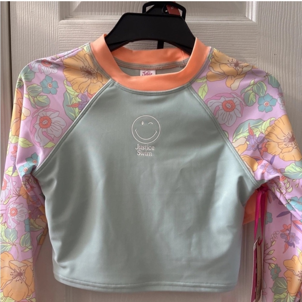 Justice Girls' Pastel Floral Medium Long-Sleeve Rash Guard Mint & Peach Top Only
